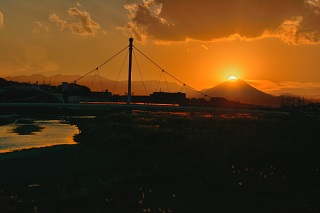 夕暮れの浅川と富士山