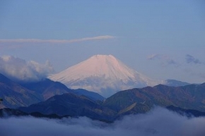 よく晴れた日に見える富士山の写真