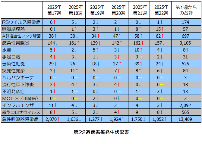 第22週疾患毎発生状況表