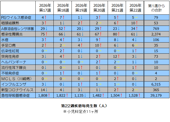 第22週疾患毎発生状況表