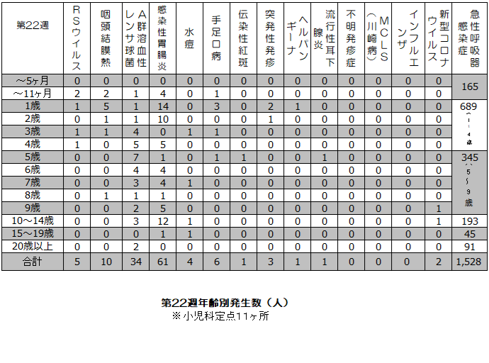第22週疾患毎発生状況表