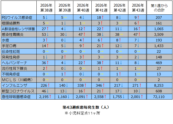 第43週疾患毎発生状況表